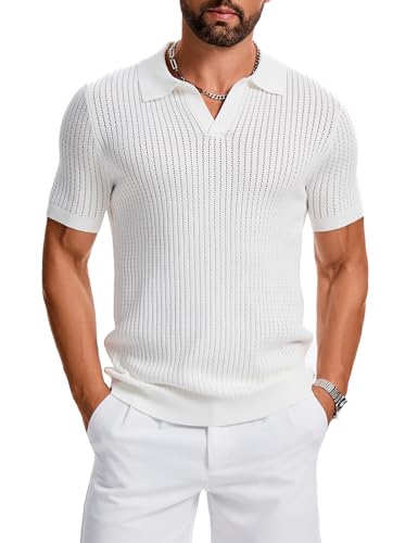 gigkik Mens Polo Shirts Ribbed Hollow Knit Polo Shirt Short Sleeve Muscle V Neck Golf Tees White L