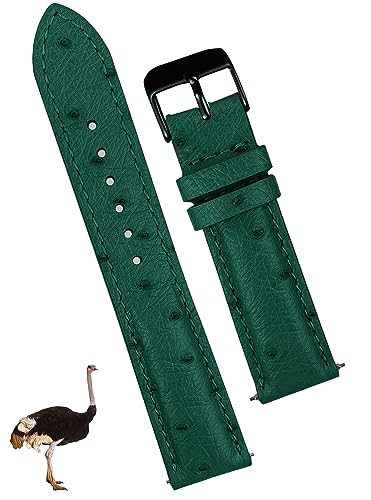vinacreations 22mm Green Ostrich Leather Watch Band Men Quick Release Replacement Strap Extra Soft Handmade Wristband Stainless Steel Buckle, Father's Day Gift for Dad Son Husband DH-188B-22MM