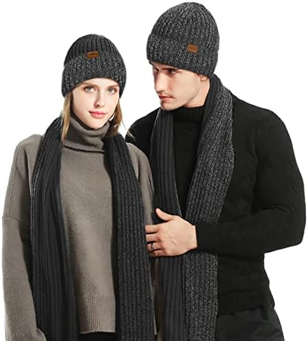 AISHNA Winter Beanie Hat Scarf and Touch Screen Gloves Set Knitted Hats Thermal Gloves Long Scarf for Men Women Neck Warmer 3 PCS Skull Cap Thick Fleece Lined Unisex