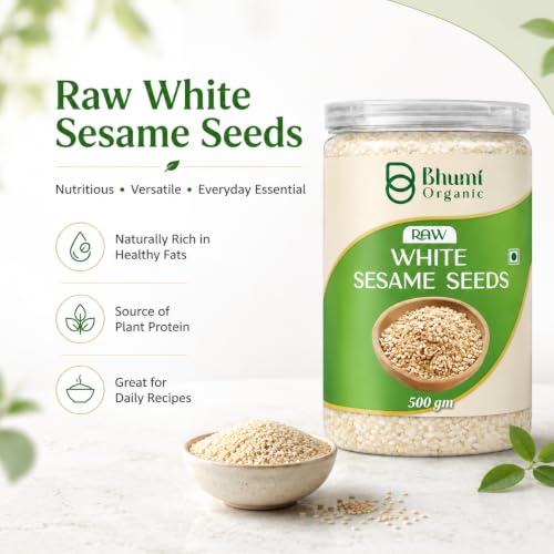 Image of Bhumi Organic Raw White Sesame Seeds 500gm | 100% Clean and Natural White Til, Safed Til Seeds for Eating, Non-GMO, Antioxidant Rich