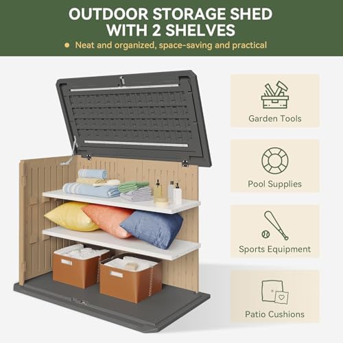 Image of Aoxun Outdoor Storage Cabinet 35 Cu.Ft 2 Shelves, Outdoor Trash Can Storage Shed Waterproof Horizontal Storage Shed Outdoor Storage for Garbage Bin, Generator,Brown