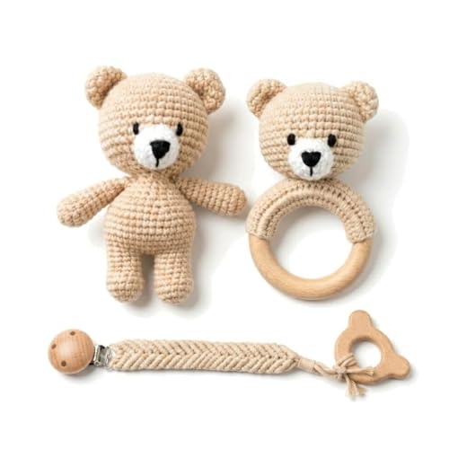 Image of Organic Crochet Bear Baby Rattle Toy - Handmade Newborn Gift Set with Teether & Pacifier Holder - BPA-Free Organic Cotton New Baby Gift - Infant Sensory Toy for Girls Boys 0-12 Months