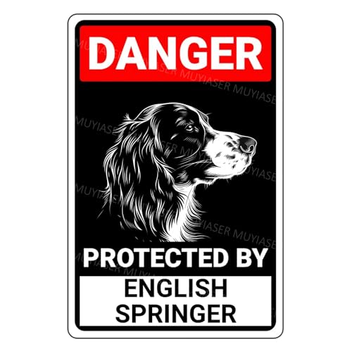 MUYIASER Danger Protected By English Springer Beware Of Dog Sign Aluminum Metal Tin Signs Door Sign Warning Sign For Fence Gate Yard Home Wall Decor 8x12 Inch