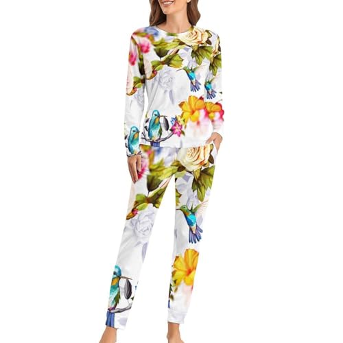 Pyjama femme respirant fleurs oiseaux pantalon et t-shirt manches longues confort