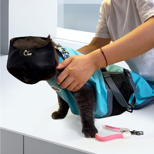 Image of Cinf Cat Nail Clipping Cleaning Grooming Restraint Bag (Free Muzzle) Set No Scratching Biting for Bathing Nail Trimming Injecting Examining(Blue,L)