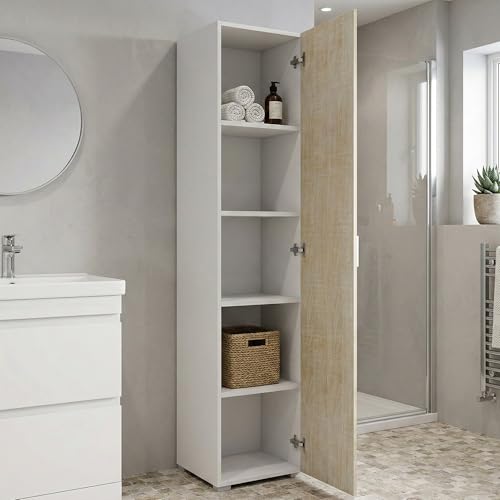 Dmora - Mehrzweckschrank 1 Tür Aquilegia, linearer Schrank mit 1 Flügeltür und 4 verstellbaren Einlegeböden, Säulenschrank für Badezimmer, 100 % Made in Italy, 45 x 45 x 195 cm, Eiche und Weiß,