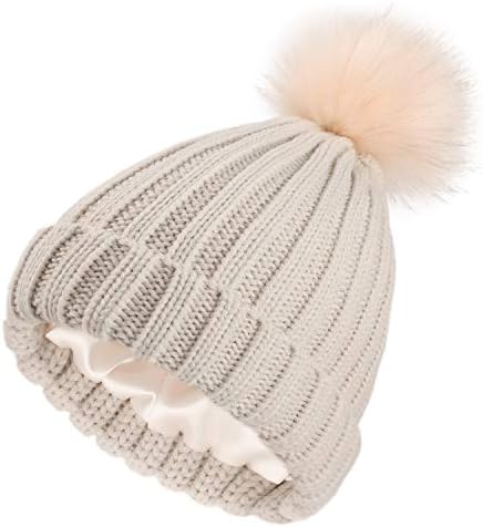 SHINCHIC Womens Winter Satin Lined Beanie Hat Cuffed Faux Fur Pom Hat Knitted Warm Soft Skull Cap Beige