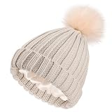SHINCHIC Womens Winter Satin Lined Beanie Hat Cuffed Faux Fur Pom Hat Knitted Warm Soft Skull Cap Be