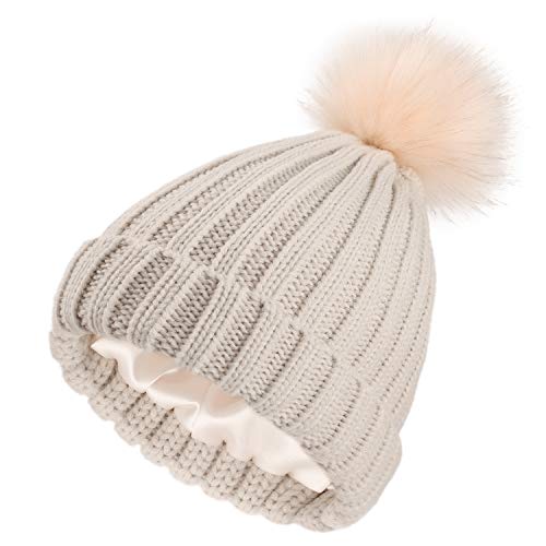 Shinchic Womens Winter Satin Lined Beanie Hat Cuffed Faux Fur Pom Hat Knitted Warm Soft Skull Cap Beige #TOP14