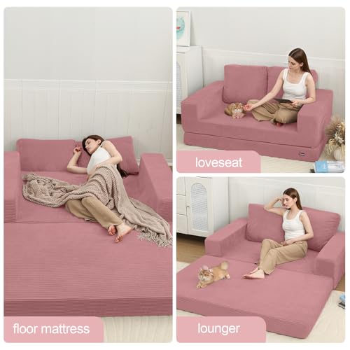 Image of COMAX Futon Sofa Bed, Convertible Sofa Bed, Folding Boneless Couches | Boneless Couch for living room, 4‑in‑1 Fold Out Small Foldable Loveseat Floor Sleeper Mattress Lounge Space‑Saving, Pink