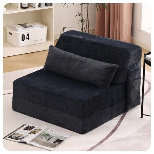 Image of Tiita Convertible Folding Sofa Bed Single Size for Adults with Pillow, Plush Fabric Floor Mattress Couch Bed, Washable Cover & Side Pocket, Guest Room, Dorm, Apartment, Living Room, Navy