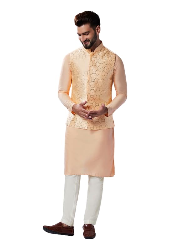 Image of KISAH Men Printed Kurta Jacket Set, Full Sleaves, Knee Length, Straight, Regular Fit, Mandarin Collar Ethnic Wear