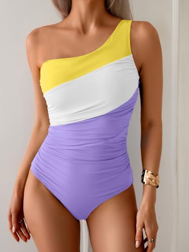 Image of Aidonger One Shoulder One Piece Swimsuit for Women Tummy Control Bathing Suits Color Block Ruched Swim Suit Slimming Swimwear