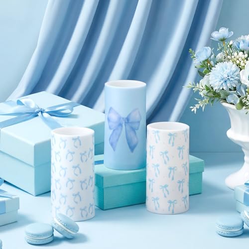 Image of Retisee 3 Pcs Blue Bow Flameless LED Candles with Remote Coquette Blue Bow Room Decor 3x6 Inch Color Changing Battery Operated Pillar Candles for Girls Women Bedroom, Bathroom