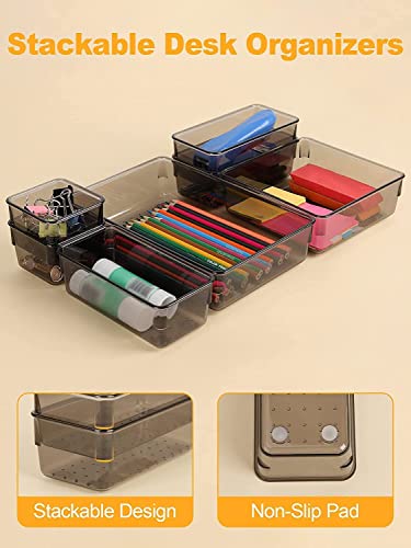 Image of Kienlix Desk Drawer Organizers Trays Set Clear Plastic Storage Bins Bathroom Drawer Tray Dividers Vanity Trays Organizer for Bedroom Dresser Makeup Kitchen Utensil Office (12pc Set (Black))