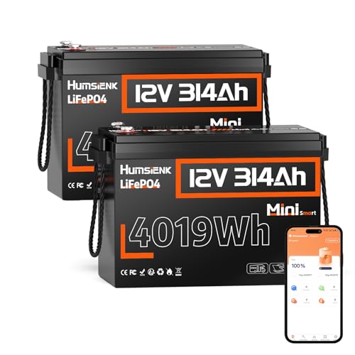 Image of HumsiENK 2 Pack 12V 314Ah LiFePO4 Lithium Battery Mini Size, with Bluetooth | 4019Wh, 200A BMS, 15000+ Deep Cycles, Low-Temp Protection, for RV Marine Solar Off-Grid Trolling Motor, Compact & Lightweight