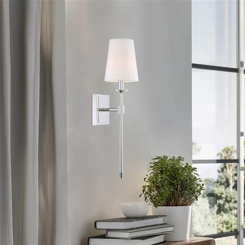 Image of Kira Home Torche 20 inch Mid Century Modern Wall Sconce with Tapered White Linen Shade, Chrome Candle Wall Light with Elongated Tail, Chrome Finish (Pack of 2)