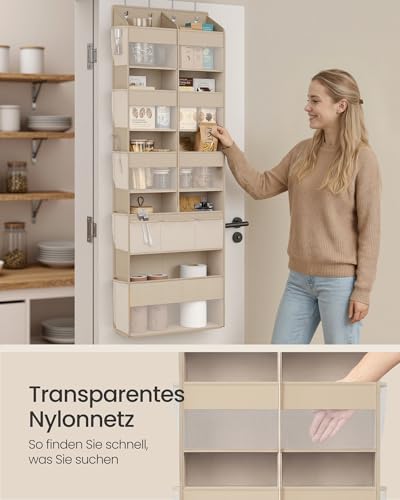 SONGMICS Tür-Organizer, 9 Fächer, Hängeregal, Hängeorganizer faltbar, Hängeaufbewahrung, 4 Metallhaken, Türregal, durchsichtig, sandbeige RDH009LF01