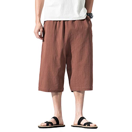 DOSLAVIDA Men's Linen Harem Capri Pants Loose Fit Yoga Beach Shorts Elastic Waist Wide Leg Baggy Cropped Trousers4