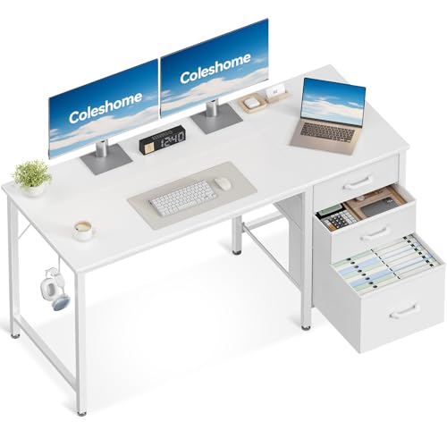 Coleshome Schreibtisch mit 3 Stoff Schubladen, 120x48cm Computertisch mit Kopfhörer Halter, Reversibler PC Schreibtisch Bürotisch für kleines Heimbüro, Weiß