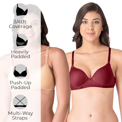 Image of Komli - Heavily Padded Push-Up Bra - Cotton Rich - Balconette - 3 /4th Coverage, Seamless, Wireless, Multiway Straps - T-Shirt Bra