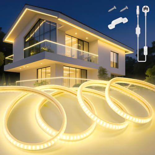 KSIBNW LED Strip Light 10M Waterproof Outdoor Garden, 220V 240V Neon Outside LED Light Strips Cuttable Rope Lights Flexible Neon Rope for Kitchen Cupboard Decking Outdoor Indoor Decor, Warm White