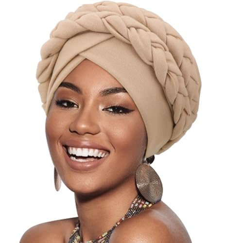 Image of DRESHOW African Women Turban Caps Cotton Beanie Twist Headscarf Pre-Tied Double Twisted Braids Wrap Hat Chemo Cancer Cap