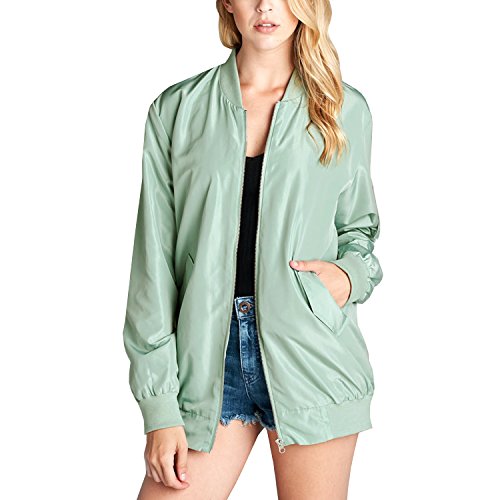 Fashionazzle Women's Lightweight Solid Classic Zip Up Long Bomber Jacket Coat (Medium, Mint)