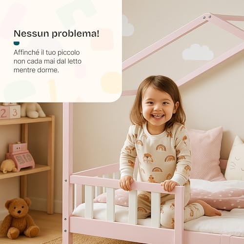 Letto Per Cameretta Treviolo A Forma Di Casetta 90X200 Cm Rosa / Bianco [En.Casa] - 6