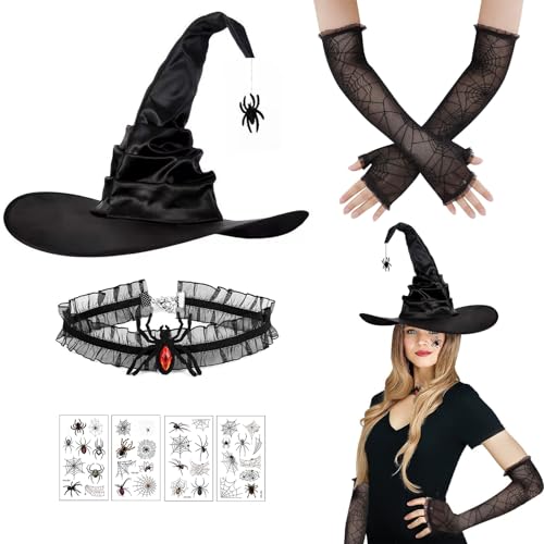 NebulaGlam - NebulaGlam Ensemble Chapeau de Sorcière et Gants Long, Halloween Pliable Chapeau Pointu Long Gants, Costume de Sorcière d'Halloween, Carnaval, Mascarade, Jeu de Rôle, Accessoires