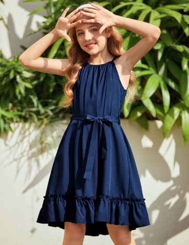 Arshiner Girls Halter Neck Sleeveless Dress Fashion Ruffle Party Boho Navy Dress #TOP2