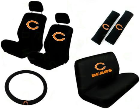 11 Piece NFL Auto Interior Gift Set - Chicago Bears - A Set of 2 Seat Covers, 1 Rear Bench Cover, 1 Steering Wheel, and A Set of 2 Seat Belt Pads