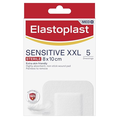 Elastoplast Extra agradable a la piel, sensible y estéril, impermeable XL, almohadillas antiadherentes altamente absorbentes, sin dolor para quitar 5 apósitos cada 8 x 10 cm