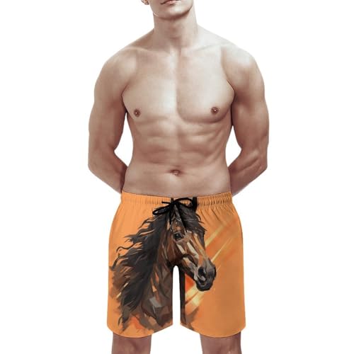 Mens Shorts Orange Background with Horse Head Men Swim Trunks Quick-Dry Beach Shorts with Drawstring Pocket Bathing Suit3
