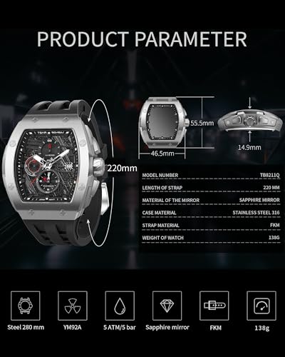 Image of TSAR BOMBA Men's Luxury Quartz Watch, Luminous Dial 5ATM Water Resistance Silicone Strap Men's Wristwatch Ideal Gift for Men