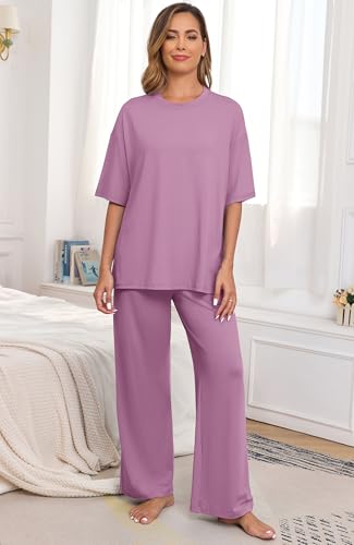 Image of PrinStory Womens Pajamas Sets 2 Piece Lounge Set Short Sleeve Tops and Long Pants Soft Pjs Loungewear with Pockets