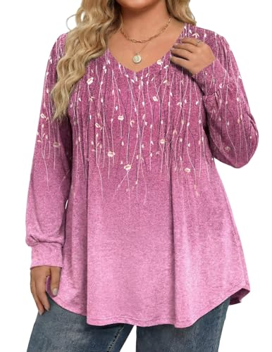 Image of IN'VOLAND Womens Plus Size Shirts V Neck Puff Long Sleeve Tops