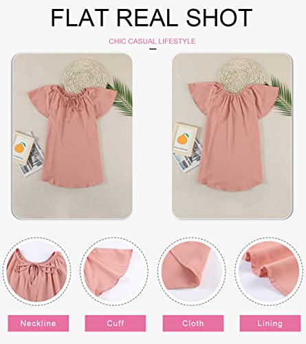 Dokotoo Summer Shirt for Women V Neck Henley Solid Short Sleeve Chiffon T Shirts Flowy Bohemian Tops Tunic Blouses 2025 Small Pink - Thumbnail 5