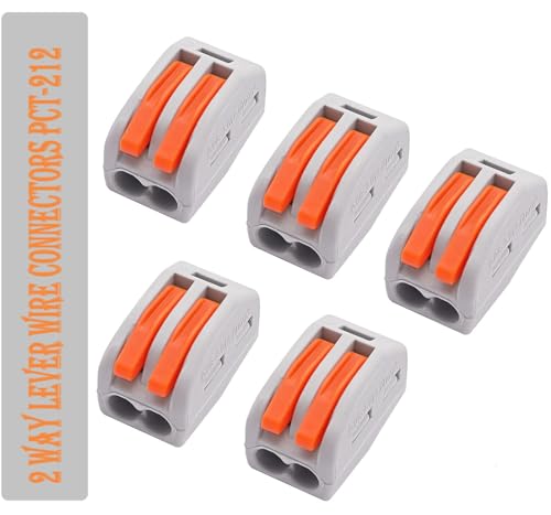 Image of ROBOWAY 5Pcs PCT-212 Wire Connectors, 2 Way Lever Compact Electrical Conductor Terminal Blocks, Quick Wiring Push-In Connector for 24-12 AWG Solid & Stranded Wires, Flame Retardant (Pack of 5)