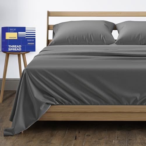 Image of THREAD SPREAD Egyptian Cotton Sheets Queen Size - 1000 Series High Thread Count Cotton Queen Sheet Set (4 PC, Dark Grey), 16 inch Snug Fit Deep Pocket, Cooling, Sateen Weave Ultra-Soft Hotel Luxury Sheets