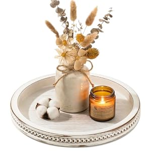 Hanobe Decorative Tray for Coffee Table: 11.8″ Round Whitewashed Wood Tray for Rustic Farmhouse Living Room Kitchen Island Entryway Home Decor