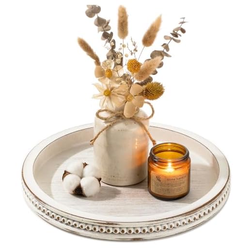 Hanobe Decorative Serving Tray Wood: White Washed Bead Round Tray Decor for Coffee Table Rustic Wooden Trays Farmhouse Centerpiece for Living Room Kitchen Counter