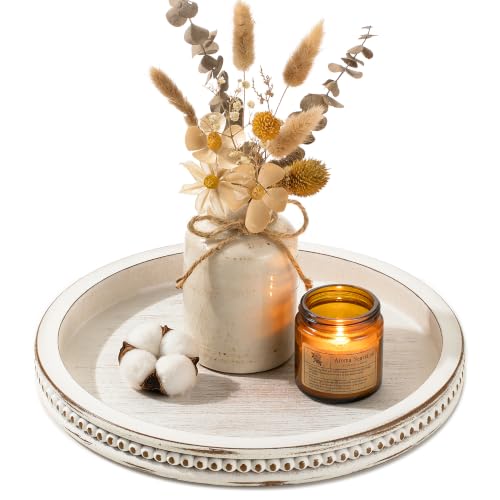 Hanobe Decorative Tray for Coffee Table: 11.8' Round Whitewashed Wood Tray for Rustic Farmhouse Living Room Kitchen Island Entryway Home Decor