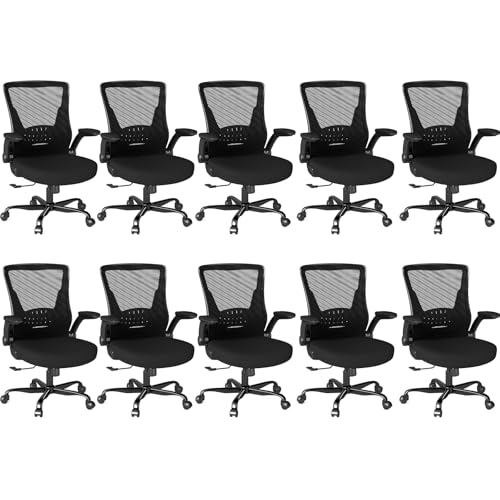 Image of Mesh Office Chair, Comfy Desk Chair with Flip-Up Armrests, 10PC | 300 LBS Capacity, Black Breathable Mesh, Adjustable Height, 360 Swivel Wheels, Computer Chair for Study, Home Space Saving