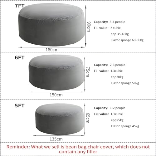 (No Filler) Giant Bean Bag Chair Cover for Kids Adults, Living Room Furniture Big Round Soft Fluffy Faux Fur Beanbag Lazy Sofa Bed Cover (Light Gray, 7FT)