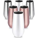 6 Pieces Stemless Champagne Flutes Double-insulated Champagne Tumbler with Lips, 6 OZ Stainless Steel Unbreakable Cocktail Cups for Coffee Wine Glass Tumbler (2 Rose Gold, 2 White, 2 Silver)