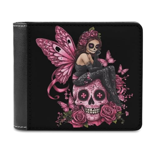 Skull Fairy Breast Cancer Awareness Ribbon Bifold Wallet PU Leather Front Pocket Slim Credit Card Holder Coin Purse for Women Men