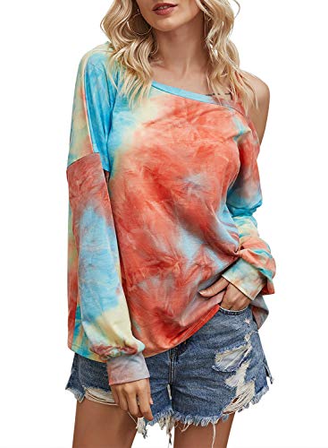 Hount Off Shoulder Tops For Women Casual Long Sleeve Pullover Shirts (Small, Tiedye Red)
