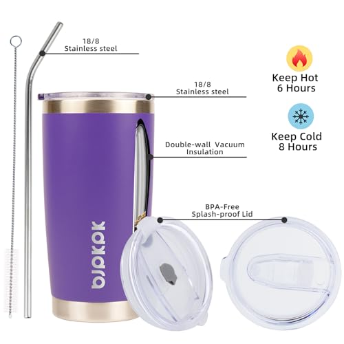Image of BJPKPK 20 oz Coffee Tumbler with Lid, Straw, Insulated Stainless Steel Mug | Double Wall Vacuum, Keeps Hot /Cold, BPA Free, Leak Proof, Iced Coffee Cup Fit Car Holder, Travel & Beach Ready, Purple