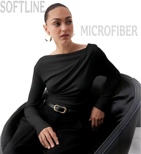 Image of SIGHTBOMB SOFTLINE Asymmetric Boat Neck FRONTFLOW Gathered Waterfall Afford LUX Edition Formal WEAR Long Sleeve Feather Touch TOP for Women